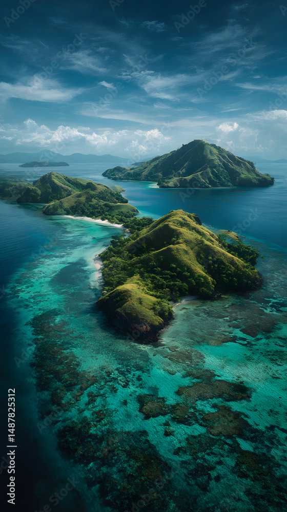 Naklejka premium View from the clear blue Mediterranean sea reveals a stunning island landscape under the summer sky