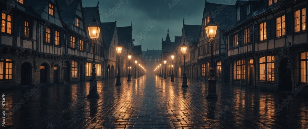 Fototapeta premium Rainy Night in a Quaint European Town With Cobblestone Street and Warm Lighting.