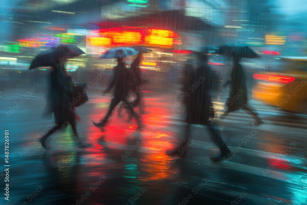 Obraz premium People with Umbrellas in Rainy City