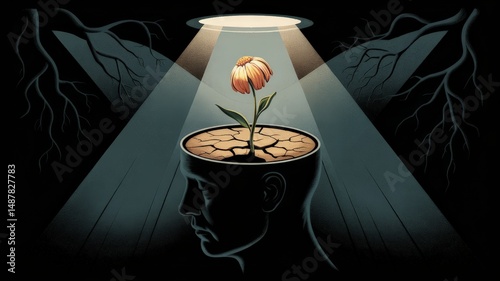 Illuminated flower in coffee cup brain under spotlight, creativity concept