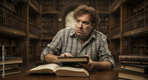 Confused mature caucasian male reading books in library with stressed expression