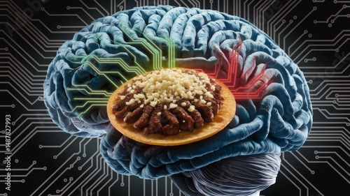 Fototapeta Naklejka Na Ścianę i Meble -  Digital brain with food plate circuit board technology concept