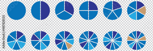Circle pie chart diagram. Set of pie charts diagrams. Pie chart divided 2, 3, 4, 5, 6,7, 8, 9, 10, 11, 12. equal parts. Circle section graph. Different color circles. Colorful diagram graphs eps 10