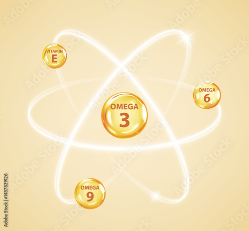 Golden bubbles of Omega acids. Polyunsaturated fats Omega-3, Omega-6, Omega-9. Natural fish oil, organic vitamin, nutrients. Vitamin drop, tablets or capsules. Vector illustration