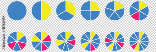 Circle pie chart diagram. Set of pie charts diagrams. Pie chart divided 2, 3, 4, 5, 6,7, 8, 9, 10, 11, 12. equal parts. Circle section graph. Different color circles. Colorful diagram graphs eps 10