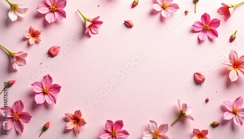 Scattered small blossoms, repeating pattern on pastel, graphics, simple