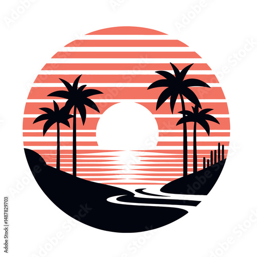 A striking silhouette showcases a vivid sunset over a tranquil beach, with palm trees swaying gently in the warm tropical breeze, a perfect escape.