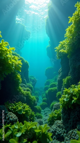 Deep blue underwater cave with vibrant coral formations