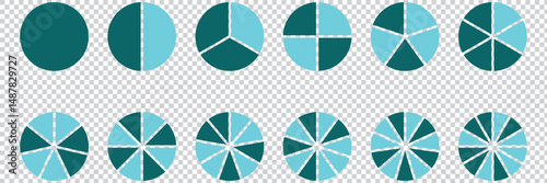 Pie chart set, segmented circle icons. Circle pie chart diagram. Circle section graph. Pie chart divided 1,2,3,4,5,6,7,8,9,10,11,12 equal parts. Infographic wheel segment or section parts. Vector set 