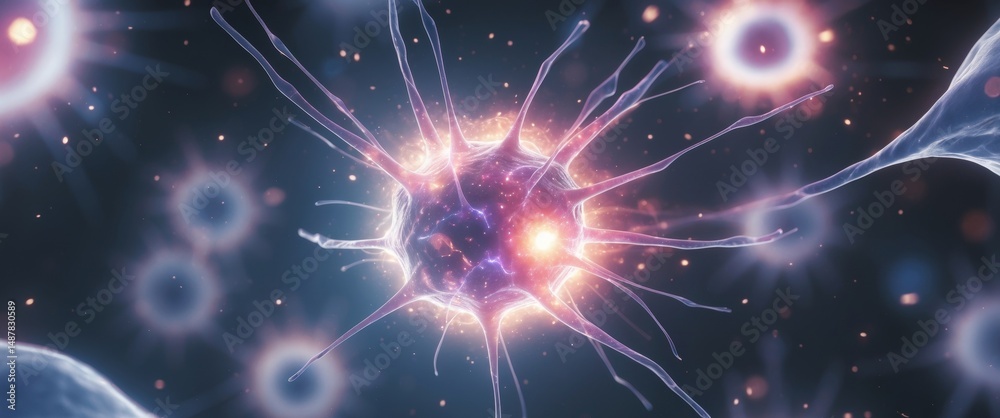 Obraz premium Neural Network Visualization. Microscopic View of Neuron Cells Interconnected, Abstract.