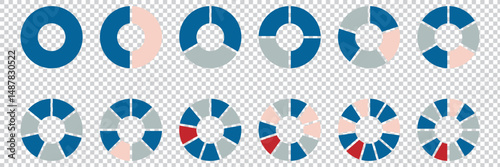 Pie chart set, segmented circle icons. Circle pie chart diagram. Circle section graph. Pie chart divided 1,2,3,4,5,6,7,8,9,10,11,12 equal parts. Infographic wheel segment or section parts. Vector set 