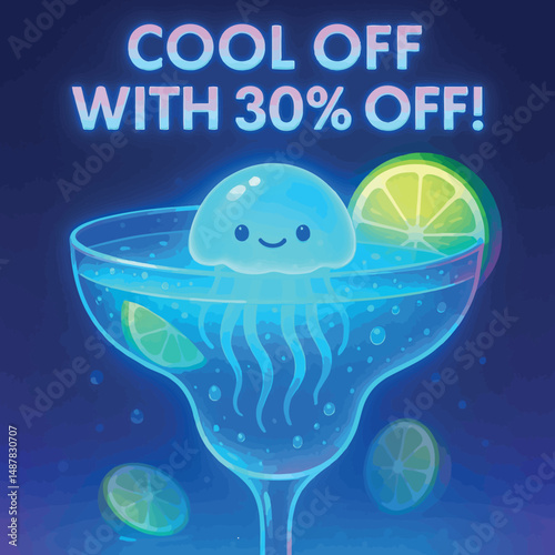A delightful illustration featuring a cartoon jellyfish taking a swim in a margarita glass with refreshing limes, perfect for a summer promotion and sales!