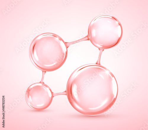 Glossy Collagen Molecule Structure with Transparent Pink Serum Drops on Light Background. 3D Vector Illustration