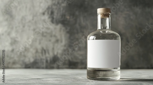 Clear glass bottle with blank label on gray background.