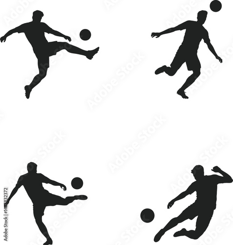 Soccer players in action silhouetted kicking the ball against a white background