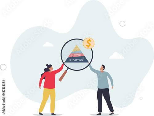 Financial planning with budgeting, saving, investing and retirement levels on labeled pyramid . character life .