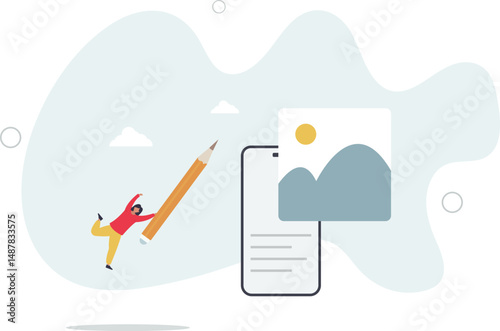 Digital business concept.character works on content marketing targeting and other activities on social networks. character life .
