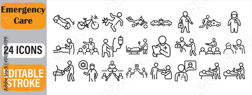 Collection of twenty four emergency and medical icons with editable stroke design