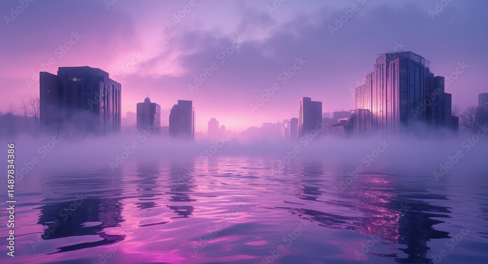 Fototapeta premium Misty Cityscape Reflection: An Ethereal View of Urban Architecture on Water, at Twilight.