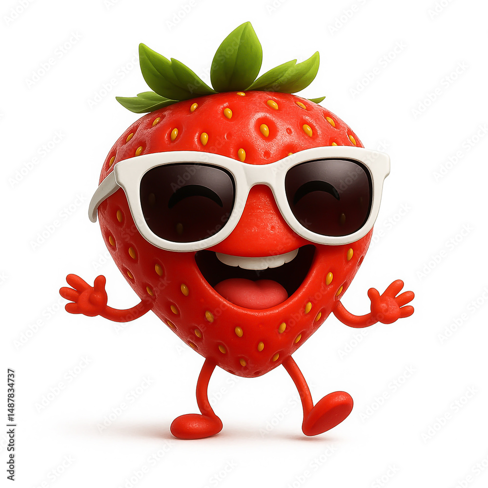 Fototapeta premium A cheerful cartoon strawberry character wearing white sunglasses, smiling widely and posing with excitement. Fun, playful concept ideal for children’s content, summer ads, or eyewear branding.