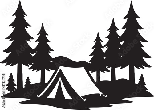 Minimalist Camping Silhouette with Tent and Pine Trees, Peaceful Outdoor Forest Scene. vector illustration of camping