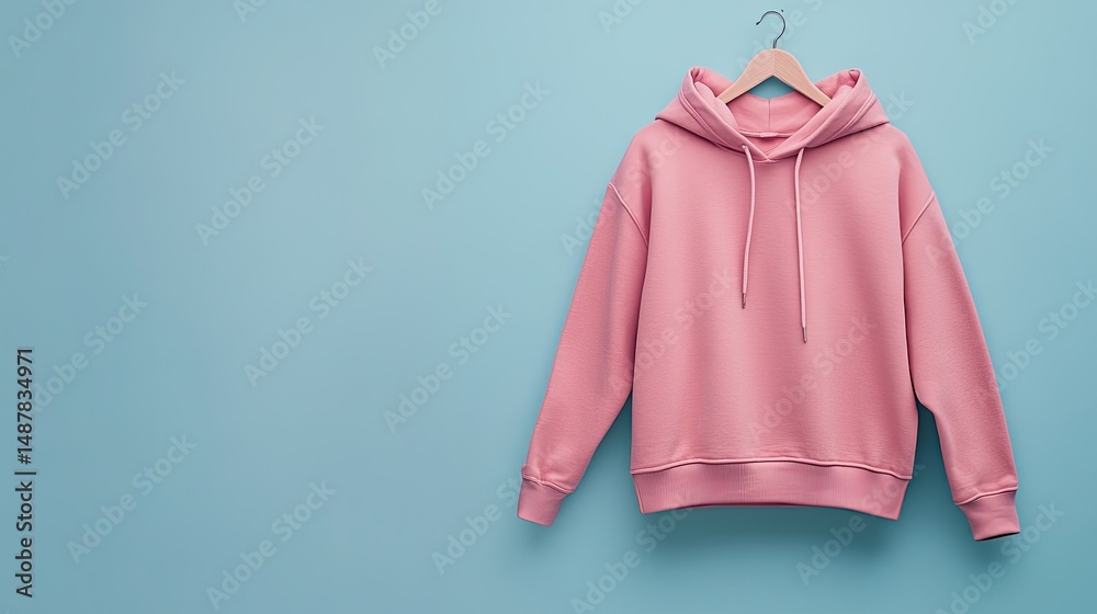 Pink hoodie hanging on wooden hanger against light blue background. Pink hoodie hanging on wooden hanger against light blue background.