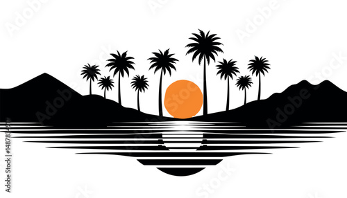 Tropical island with palm trees at sunset near the ocean