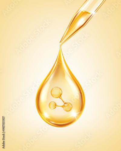 Golden serum drop with molecule inside falling from pipette. Skincare concept. Vector illustration