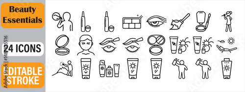 Illustrated beauty and skincare essentials line icons with editable stroke for modern design