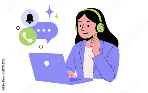 Businesswoman working on a laptop at her office desk, utilizing technology for communication and her job with customer service or call centre concept