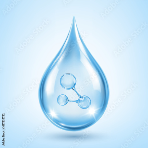 Blue transparent cosmetic serum drop with molecule inside. Hyaluronic acid skincare concept