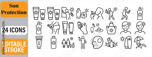 Illustrated sun protection icons showing people using sunscreen and protecting themselves from the sun