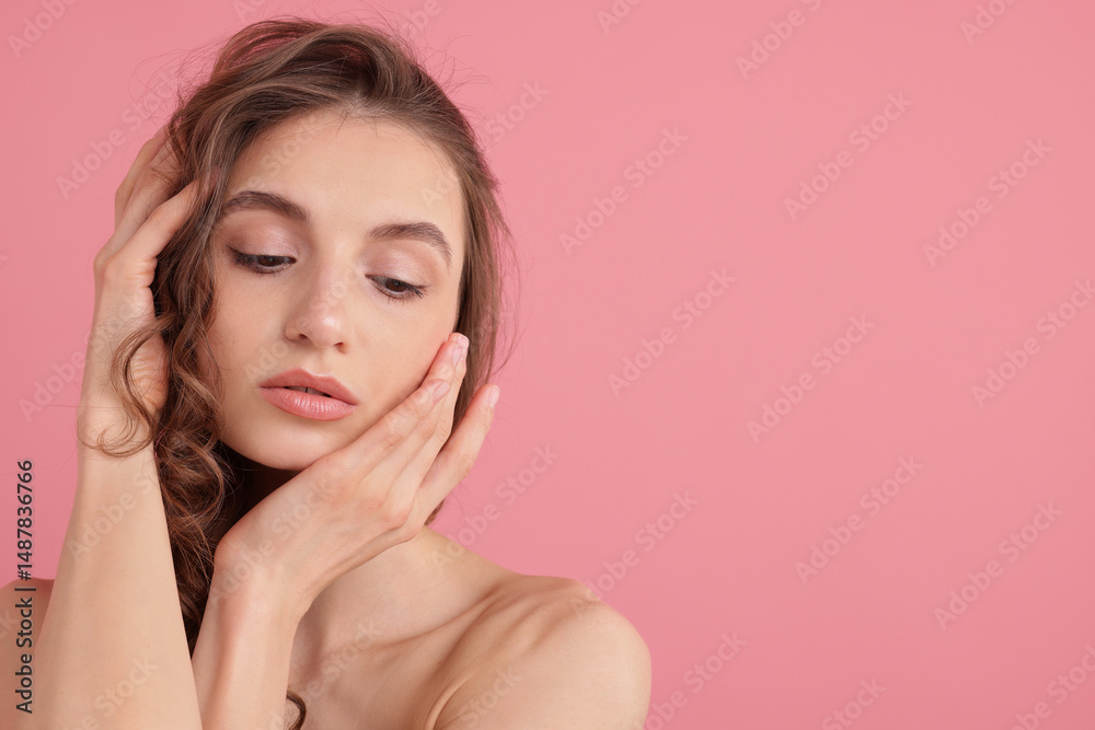 Portrait of beautiful young woman on pink background. Space for text Portrait of beautiful young woman on pink background. Space for text