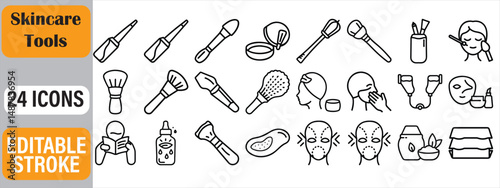 Simple line art icons depicting various skincare tools and beauty cosmetic instruments