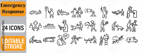 Vector illustration collection of emergency response icons and services in black outline style