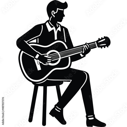 Man Sitting Playing Acoustic Guitar Silhouette Illustration