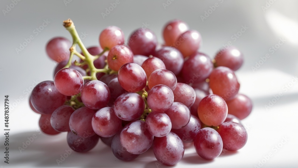 Ripe Red Globe Grapes Bunch with Stems and Leaves, Closeup Macro Food Photography Ripe Red Globe Grapes Bunch with Stems and Leaves, Closeup Macro Food Photography