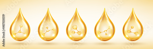 Golden cosmetic serum drops with molecules inside. Vector skincare and beauty concept