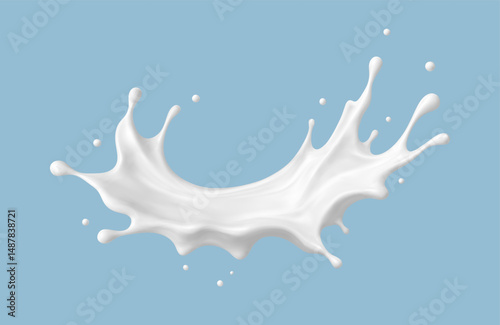 Realistic milk splash in mid-air on blue background. Vector dairy or cosmetic concept.