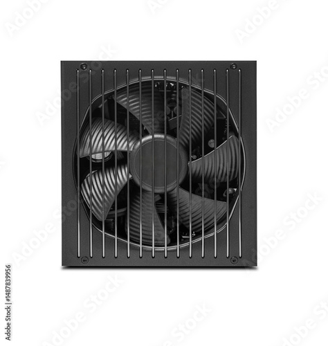 Black computer power supply unit PSU with a protective metal grill over its cooling fan, isolated on a white background.