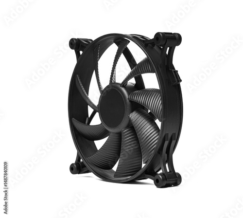 Black computer cooling fan with multiple curved blades, isolated on a white background. photo