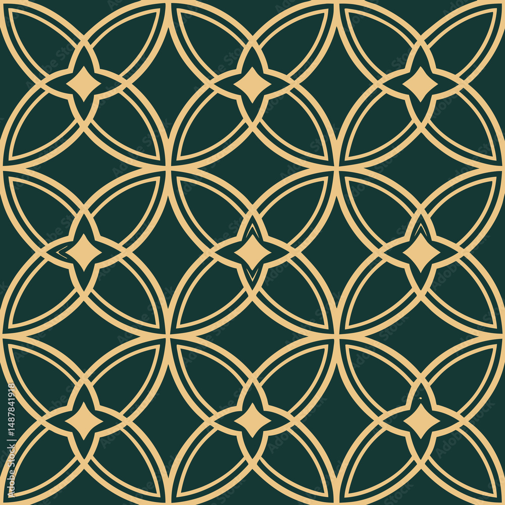 Fototapeta premium Decorative geometric pattern with interlocking shapes in gold and dark green background