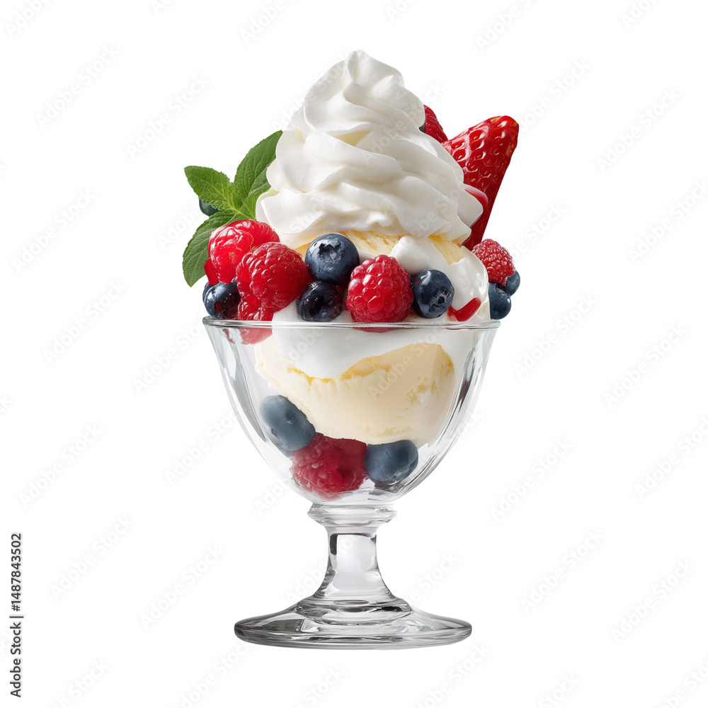 Ice cream sundae with berries isolated on white