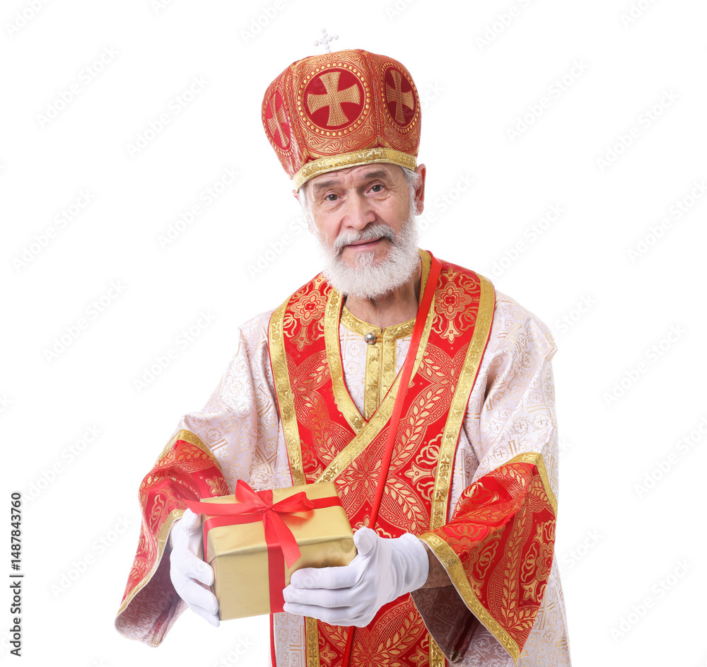 Fototapeta premium Saint Nicholas with gift on white background
