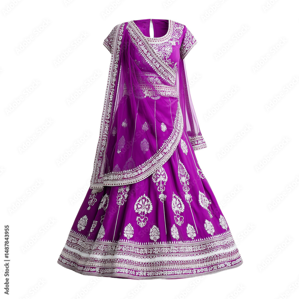 Traditional purple lehenga choli isolated on white