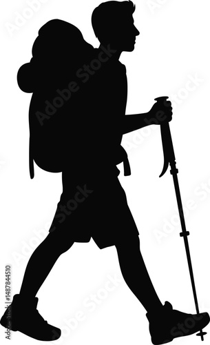 Silhouette of a hiker with backpack and trekking pole