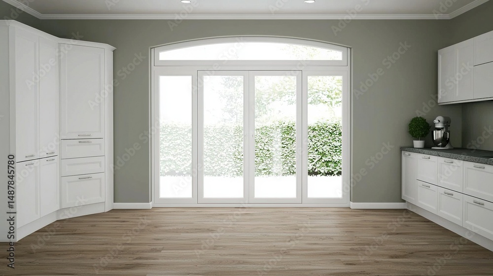 Obraz premium Modern kitchen with garden view.
