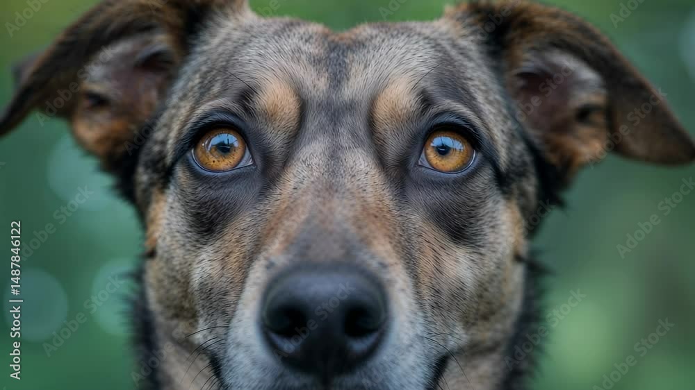 Close-up Macro Portrait of a Dog's Face with Focus on Eyes and Ears in a Blurred Green Background