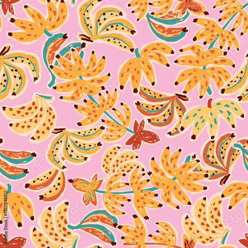 Hand drawn summer bananas seamless pattern. Vector pink background with tropical fruits. Cute modern artist painting. repeat exotic bananas illustration for textile design, fabric, wallpaper, print.