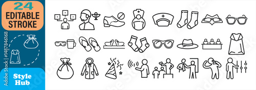 Collection of black line icons illustrating different professions and everyday objects